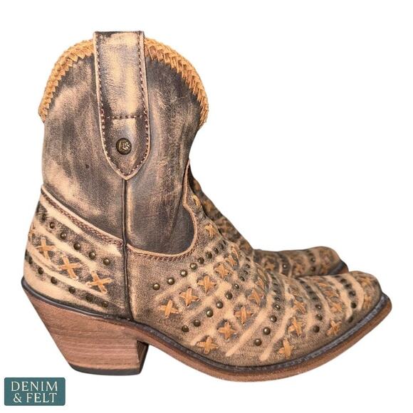 Liberty Black Vintage Canela Studded Leather Boots Brown Distressed Booties - Picture 9 of 16